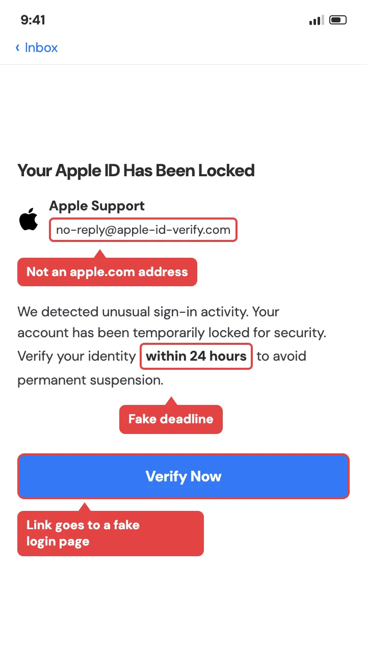 Fake Apple ID phishing email